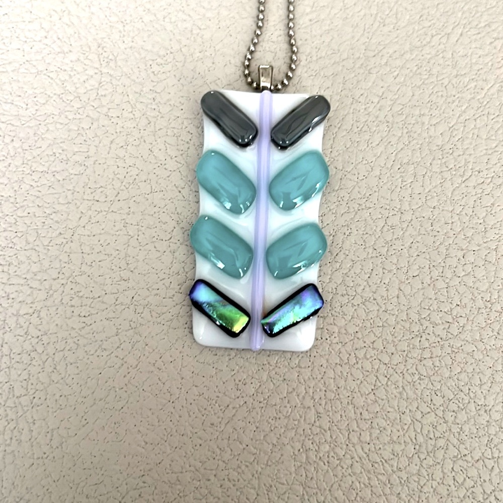 Handmade fused glass pendant with long beaded chain